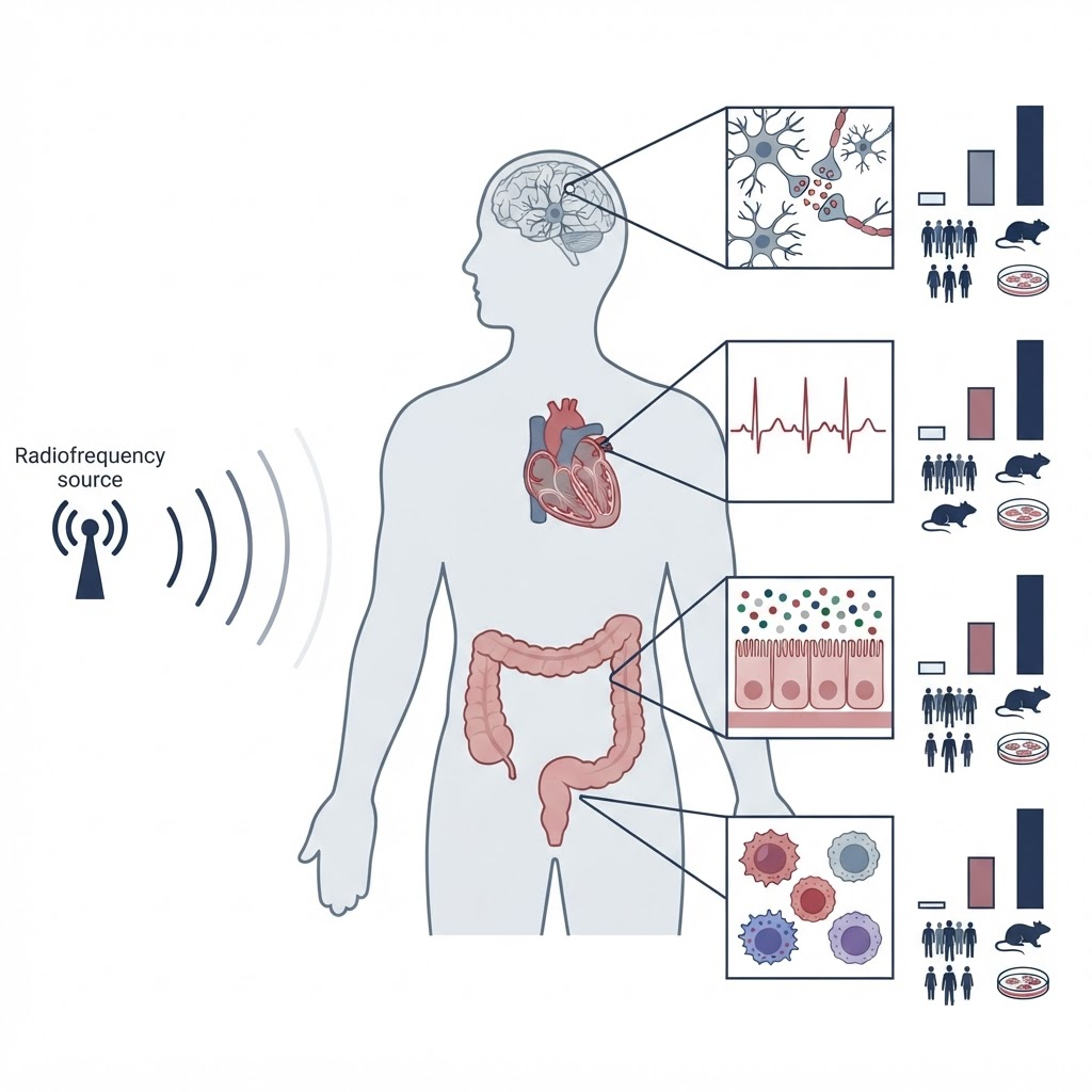 Esquema de niveles de evidencia humana, animal y celular para cerebro, corazón, intestino y sistema inmunitario