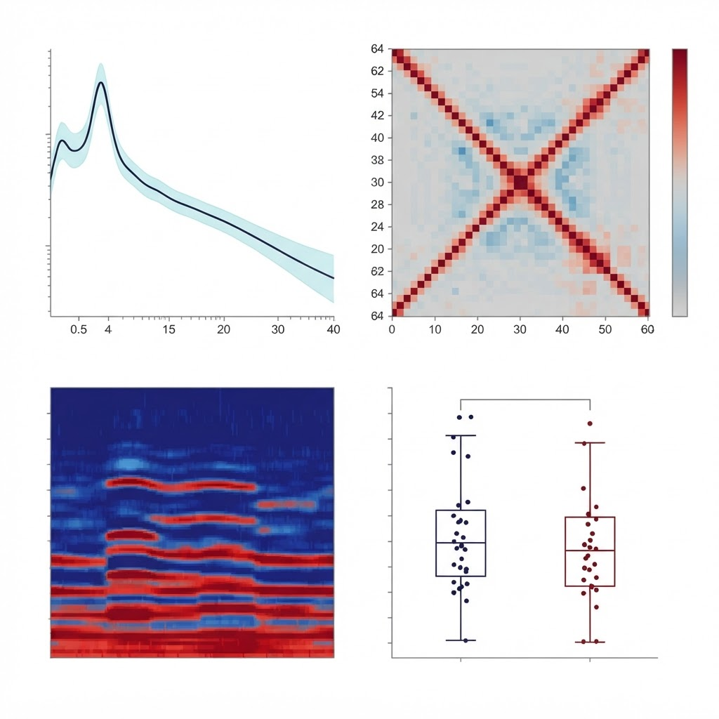 Panel de análisis cuantitativo de EEG: densidad espectral de potencia con intervalo de confianza, matriz de coherencia entre canales, espectrograma tiempo-frecuencia y comparación de distribuciones entre dos condiciones