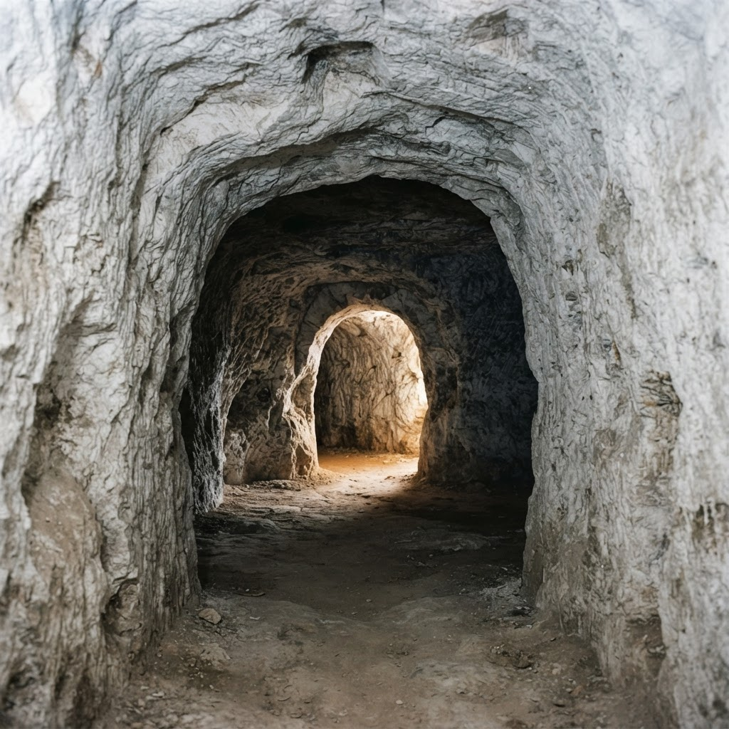 Interior de una cueva excavada a mano en el yeso: paredes blanquecinas cristalinas con marcas de pico, suelo de tierra compactada y un haz de luz natural entrando por el vano